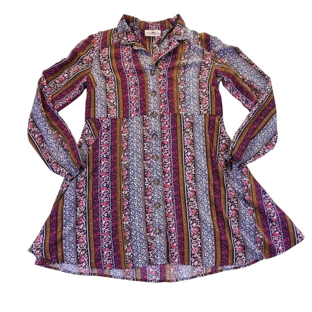 Natural Life Womens Boho Floral Button Down Dress Rayon Size M Hippie Festival